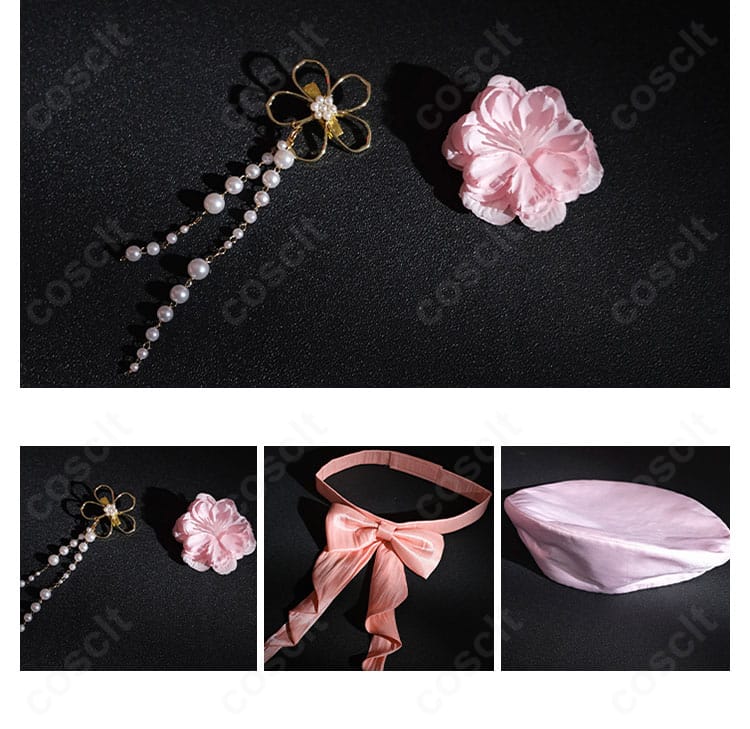 髪飾り・帽子・アクセサリーのセット全景。留め具と質感、配色の統一感が分かるカット。