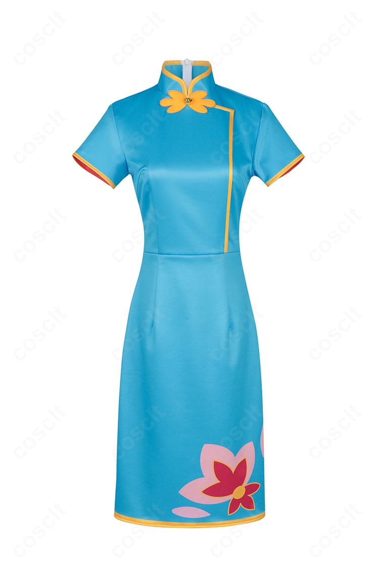 大道寺知世 チャイナドレスの正面全体図。上品なシルエットと落ち着いた色味が映えるコスプレ衣装。