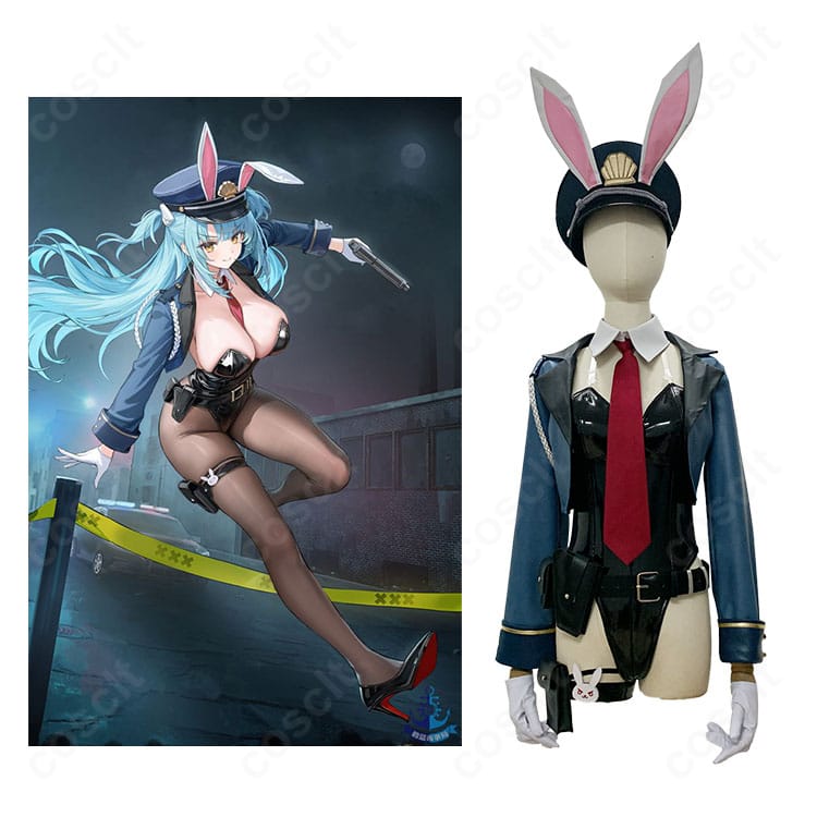 アズールレーン ネプチューン『いざゆけウサギセキュリティ！』コスプレ衣装のモデル着用イメージ。コートとレオタードの対比が映える全身スタイル。