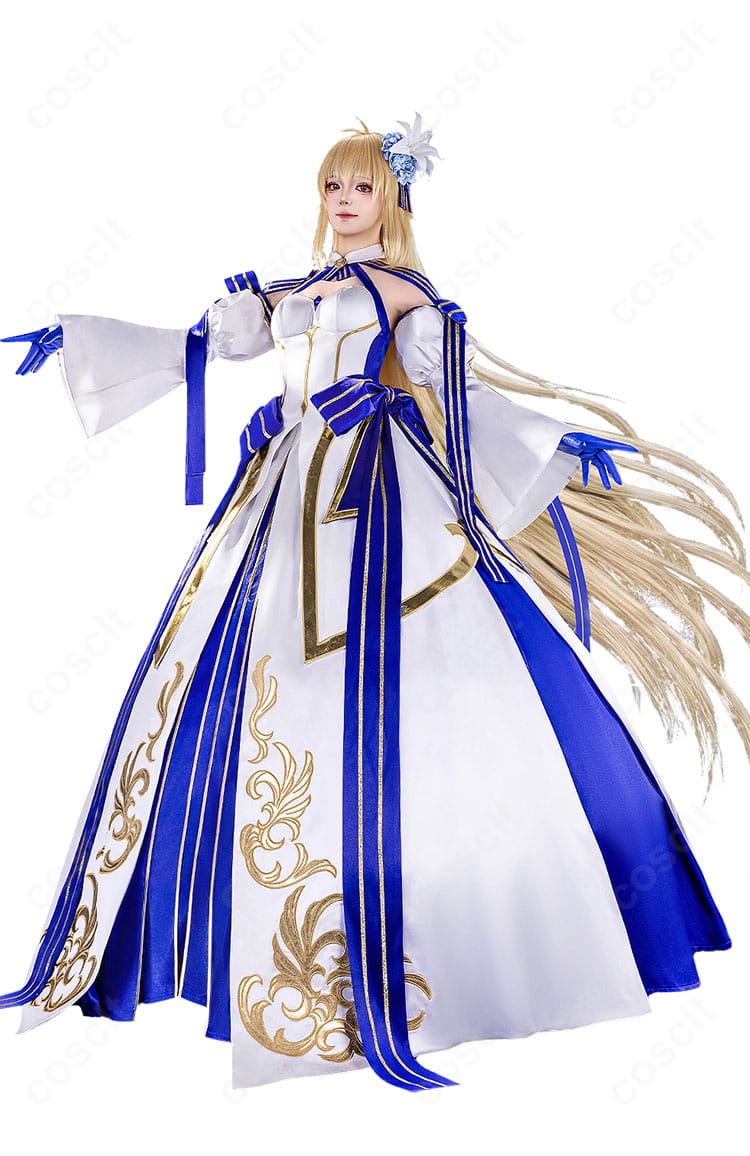 FGO アーキタイプ:アース アルクェイド衣装を着用したモデルの正面全身。白ドレスとスカーフ、髪飾りの配置が分かる写真