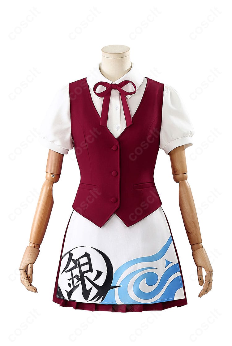 銀魂 神楽 ウエイター衣装の正面全体。シャツ・ベスト・スカート・エプロンのバランスがわかる高再現カット。