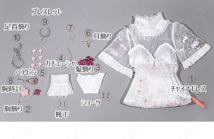 勝利の女神：NIKKE ドロシー チャイナドレス フルセット展示。胸飾り・髪飾り・カチューシャ・ヘアピン・耳飾り・腕時計・ブレスレット・足首飾り・靴下・ショーツの内容を確認できる画像。