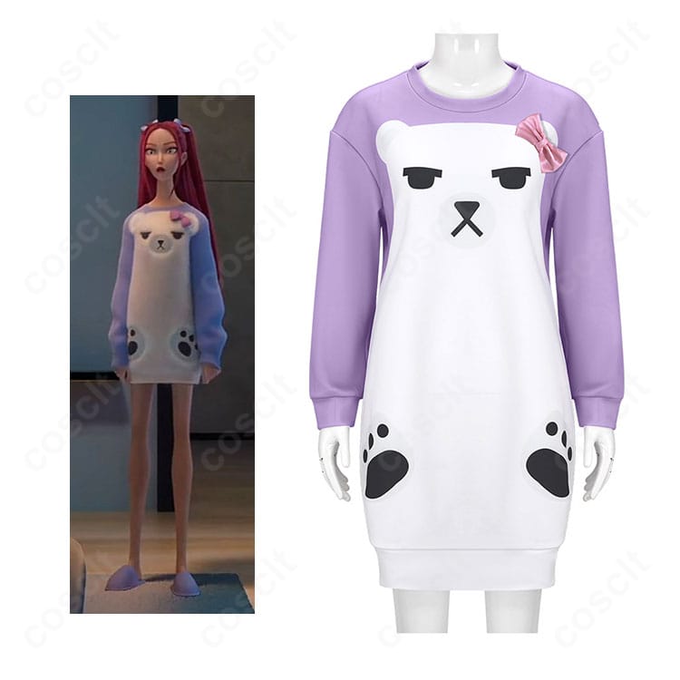 KPOPガールズ！デーモン・ハンターズ ミラ パジャマ コスプレ衣装を着用したキャラクター全身イメージ｜HUNTR/X風ルームウェアスタイル