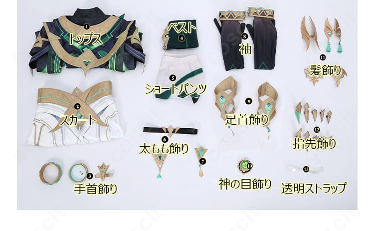 原神ネフェル コスプレ衣装 セット内容展示図｜トップスからアクセサリーまで豪華フルセット