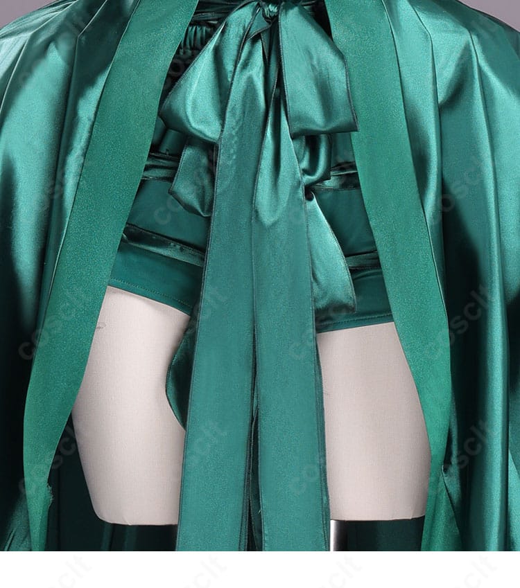 コスプレ衣装 ウェンズデー 緑ドレス 腰紐＆衣裾装飾の細部｜華やかなデザインを再現