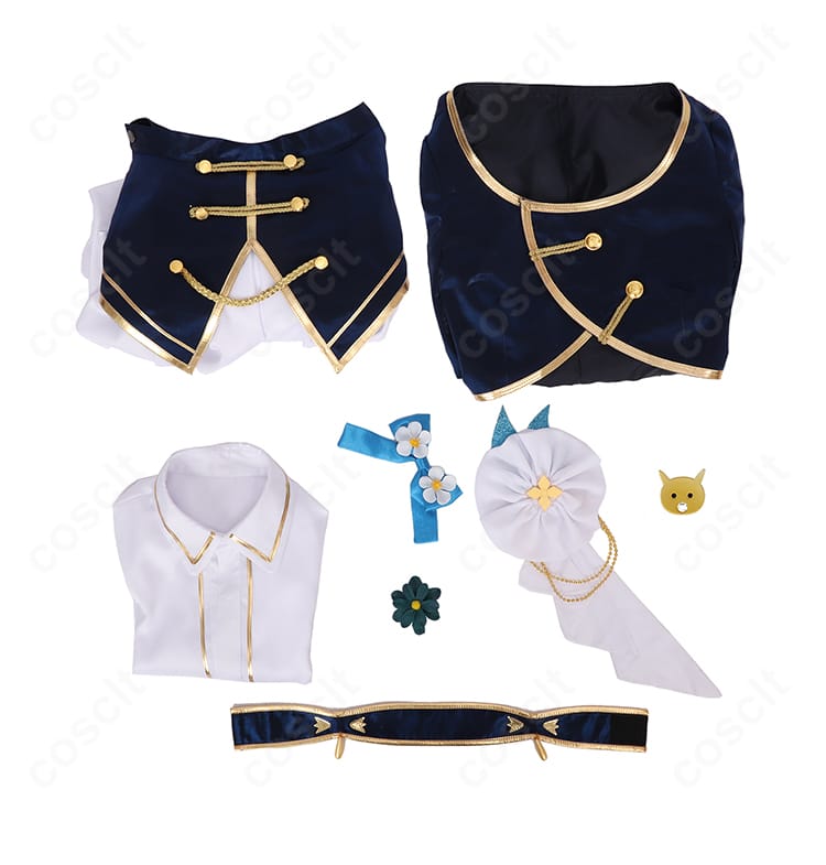 にじさんじ 町田ちま 共通衣装 コスプレ衣装 セット内容展示｜トップス、シャツ、スカート、胸飾り、髪飾り、太もも飾りが含まれたフルセット。