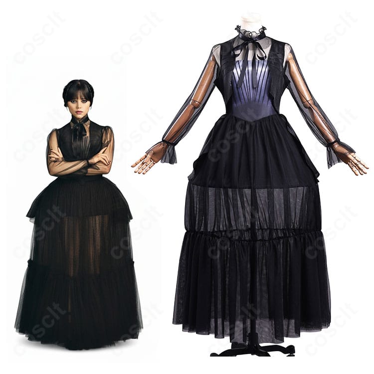ウェンズデー・アダムスの仮面舞踏会ドレスを着たキャラクター全身イメージ。シーズン2パート2再現コスプレ衣装。