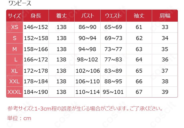 商品サイズ表・採寸画像。自分にぴったりのサイズを選びやすいガイド付き。