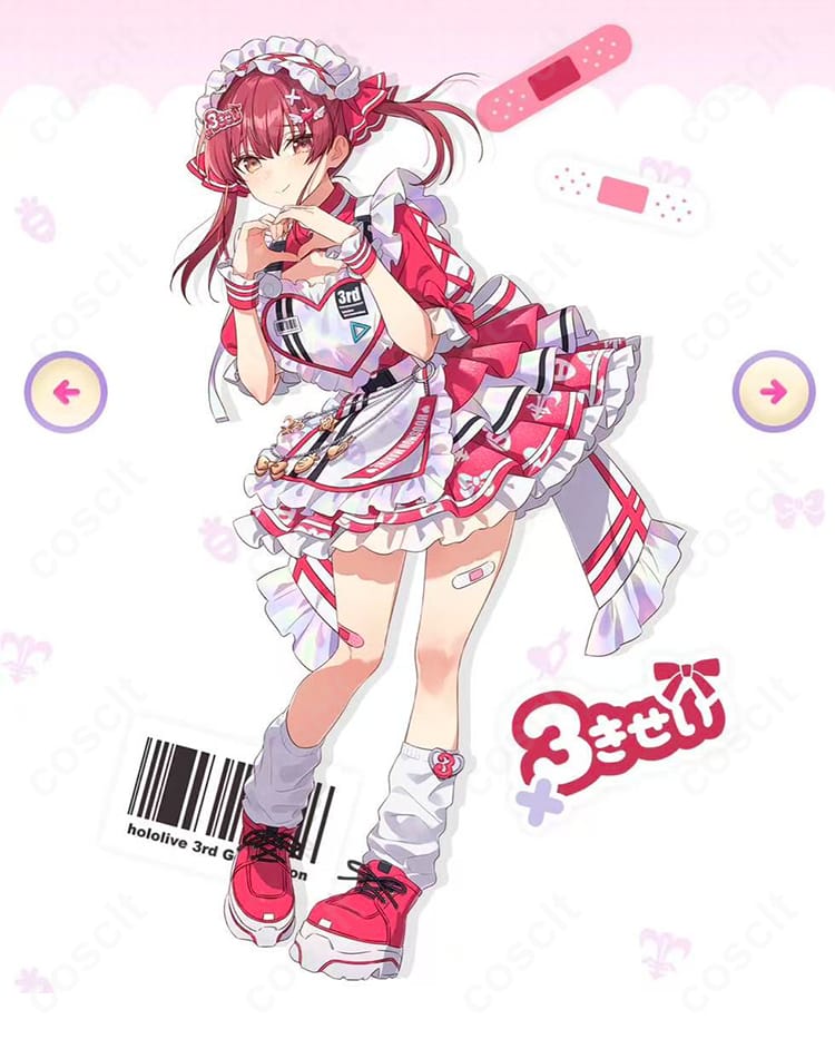 ホロライブ3期生 宝鐘マリン『よくばり電脳ガール』MVコスプレ衣装を着用したキャラクターの全身イメージ。王道アイドル風デザインが映える高品質仕上げ。撮影会やイベントにぴったり!