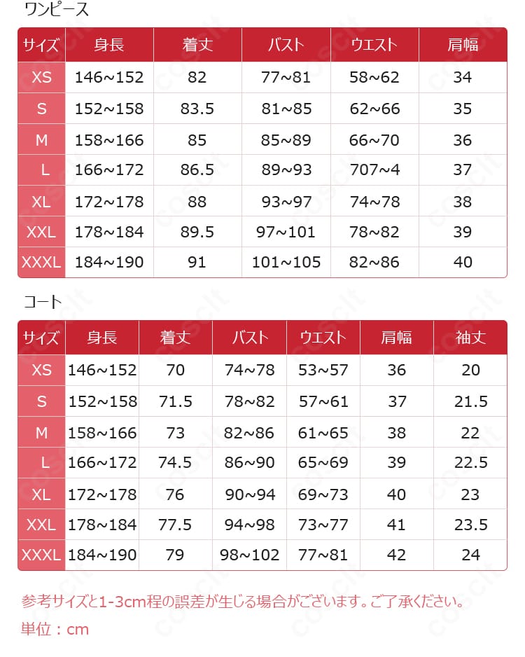 黒部ナノカ コスプレ衣装 サイズ表画像|豊富なサイズ展開で自分にぴったりの一着を選べる