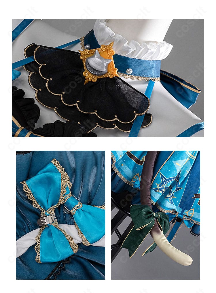 原神 リネット コスプレ衣装 颈飾・発飾・尾飾の細部アップ。細部まで高再現のディテールを要チェック。