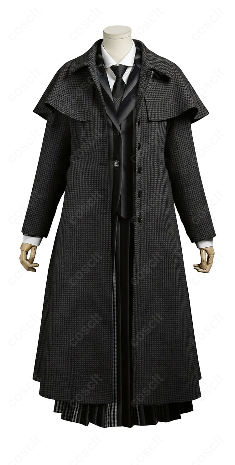 ウェンズデー・アダムス ネヴァーモア学園制服 コスプレ衣装 正面全体図|上品な黒×グレーストライプデザイン