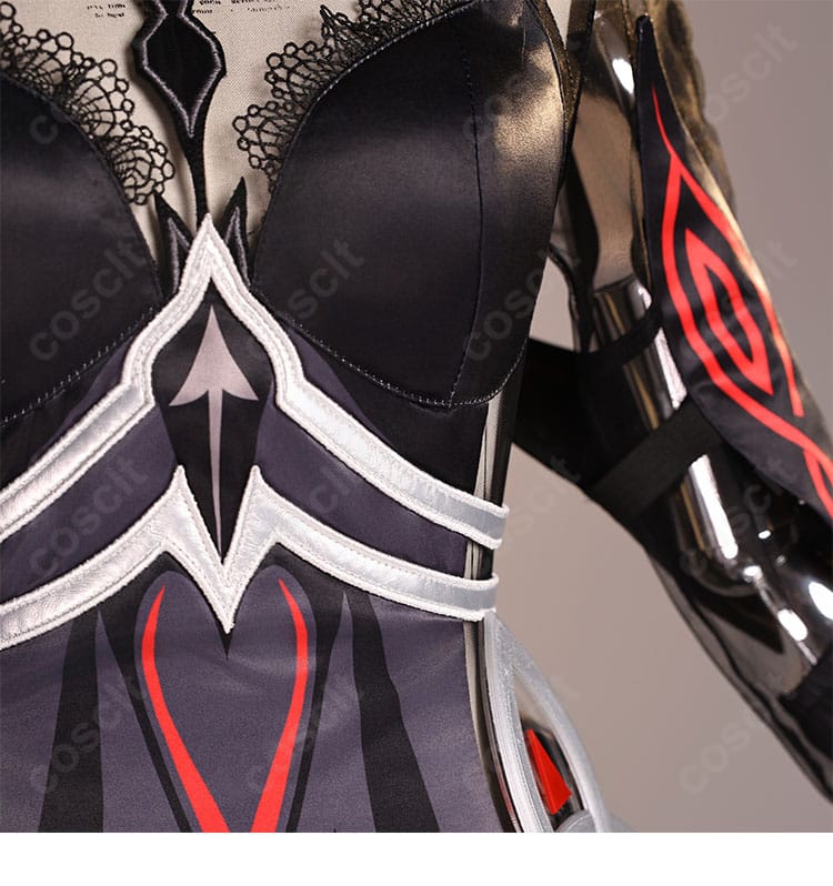 原神 ロノヴァ 死の執政 コスプレ衣装 衣襟図案装飾ディテール|深紅と黒のコントラストが映えるデザインポイント。