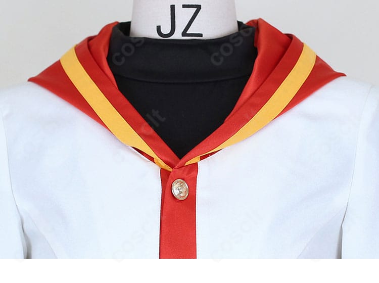 兎山悟 コスプレ衣装 领口装飾ディテール|襟元の赤いアクセントが映えるデザイン。