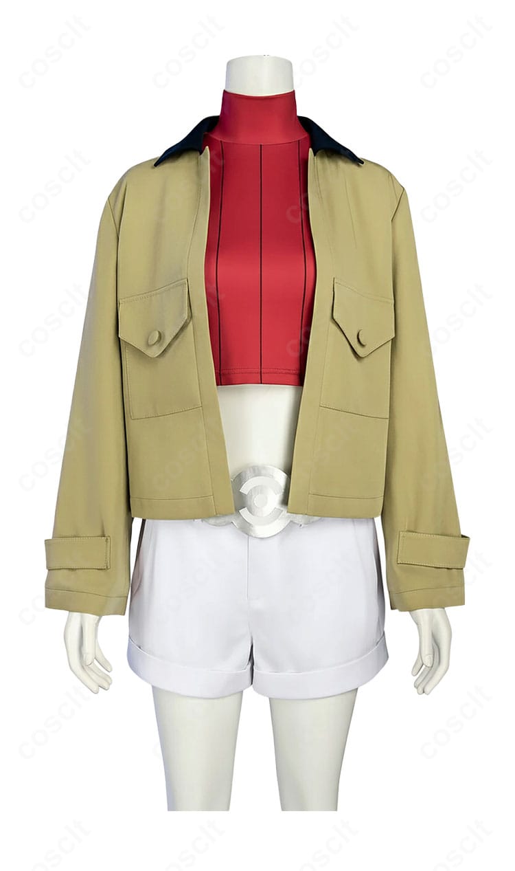 ポケモンZA タウニー コスプレ衣装 正面装飾アップ|胸元とベルト部分の細かな質感を忠実に表現。