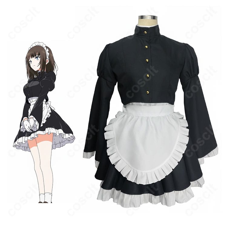 瑠璃川椿のメイド服コスプレ衣装とキャラクタービジュアルを並べて紹介する画像|メイド教育・COSCLT