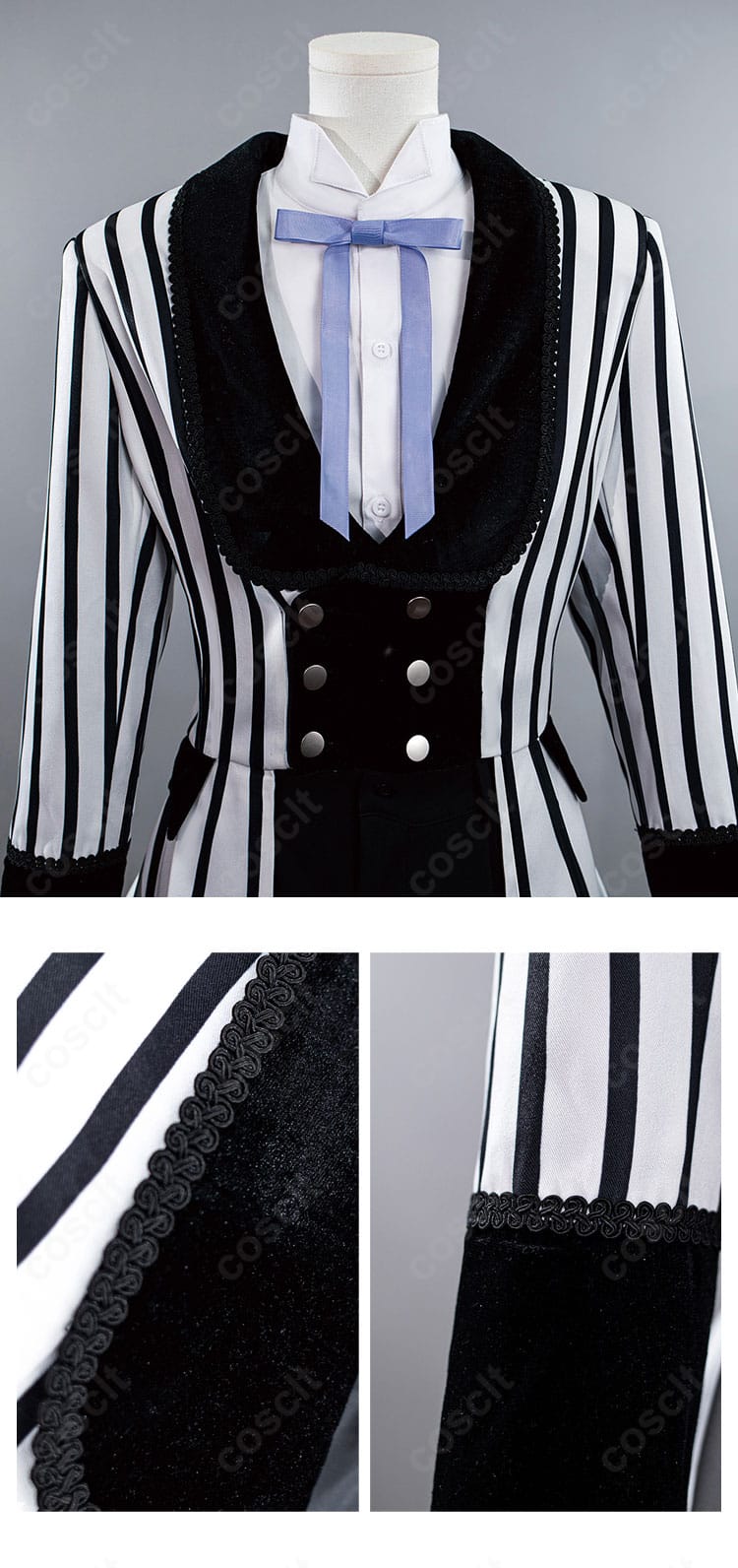 黒執事 シエル コスプレ衣装 衣襟ディテール|黒白ストライプの装飾と縫製仕上げを近距離で確認