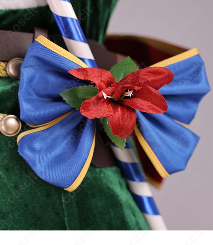 "Re:ゼロ レム クリスマスコスプレ衣装の腰部分の装飾詳細。クリスマスらしい華やかなデザイン。",