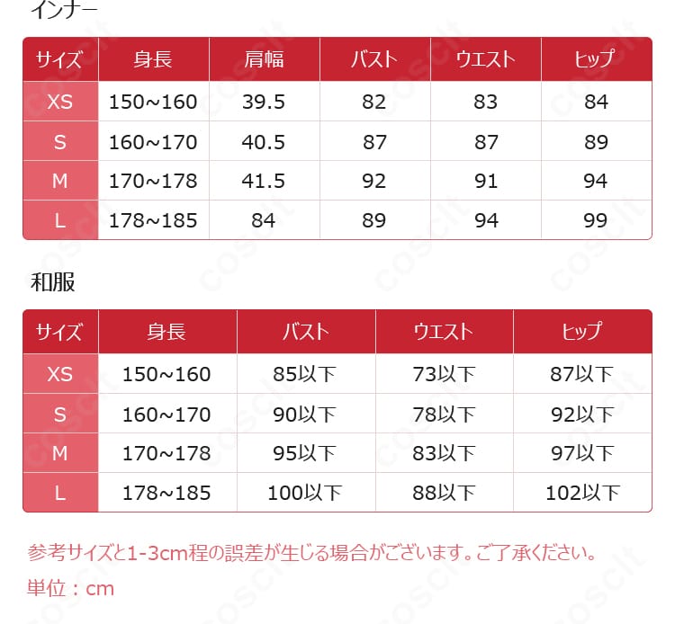 "二十世紀電氣目録 百川稲子 コスプレ衣装のサイズ内容画像。サイズ表で最適なフィットを確認できます。"