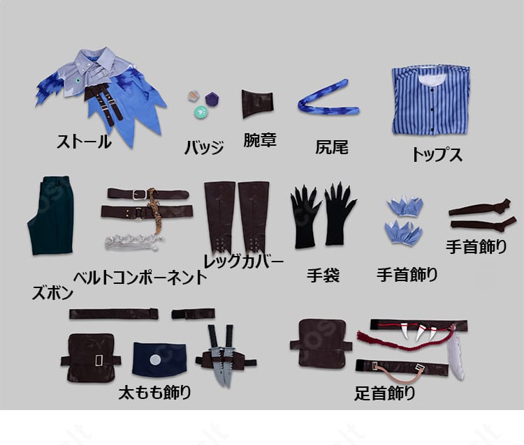 セット内容一式(トップス、ズボン、ストール、各種飾り、手袋、尻尾)の同梱物一覧