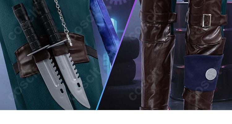 レッグカバーと太もも・足首飾りの意匠と固定方法ディテール