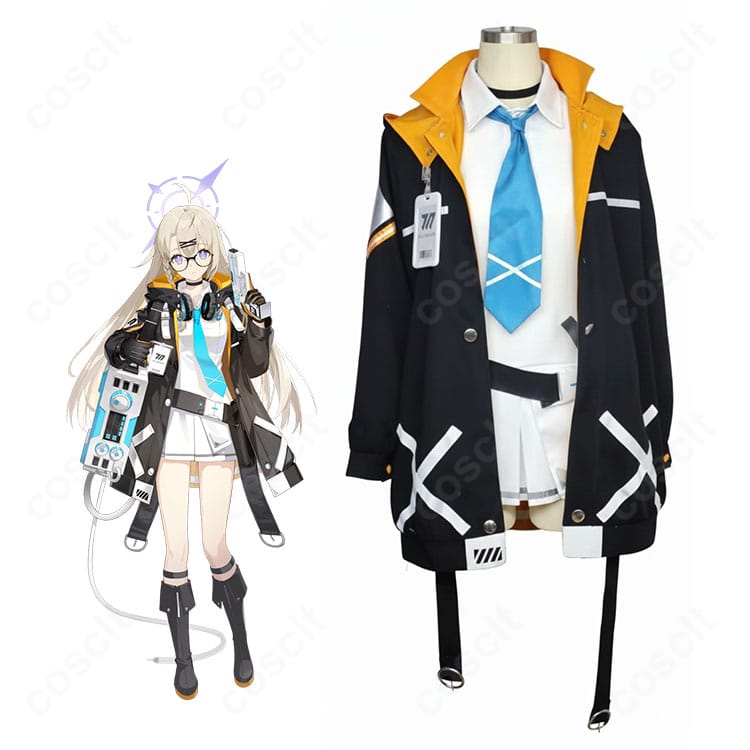 モデル着用:ブルーアーカイブ 音瀬コタマ 学園制服コスプレ一式。白×黒×ブルーの高コントラストとコートのラインが分かる全身カット。