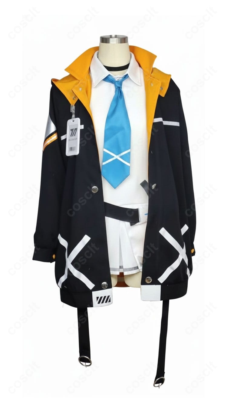 正面ビュー:音瀬コタマのコート、インナー、ネクタイ、プリーツスカートの配色とシルエットを確認できる衣装正面写真。