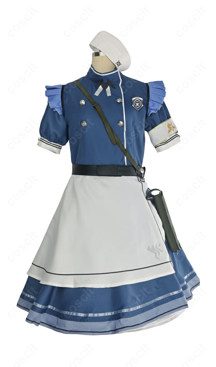 氷室セナ コスプレ衣装の正面ディスプレイ。ワンピース、帽子、ベルトコンポーネントの配置が分かります。