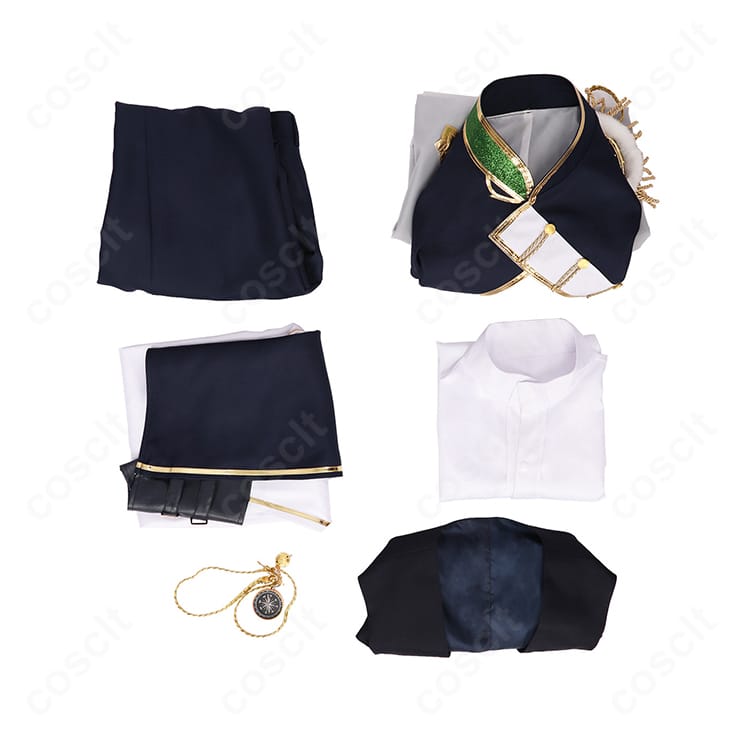 セット内容一式（コート、ベスト、シャツ、ズボン、腰布、腰飾り）の平置き展示。各パーツの構成が分かる画像。