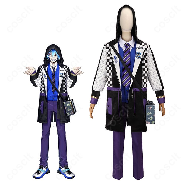 イデア・シュラウド ボードゲーム部クラブ・ウェアのコスプレ衣装をモデルが着用した全身カット（コート・シャツ・ズボン・ネクタイ）