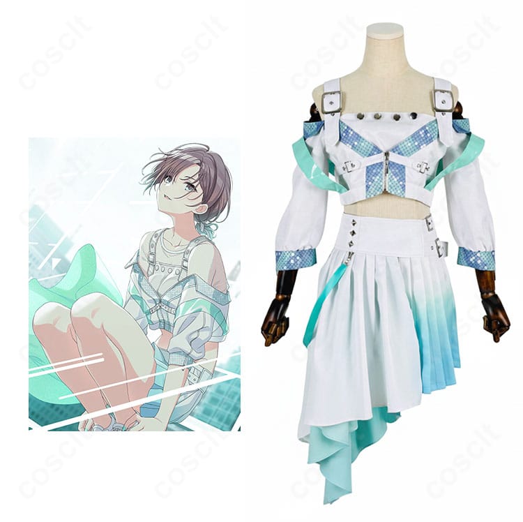 浅倉透のコスプレ衣装を着用したモデルの全身イメージ。トップスとスカート、コルセットベルト、腰飾りの雰囲気がわかる写真