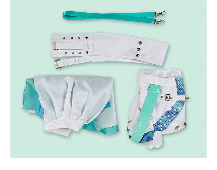 浅倉透 コスプレ衣装のセット内容一式。トップス、スカート、コルセットベルト、腰飾りの4点が並んだ確認画像