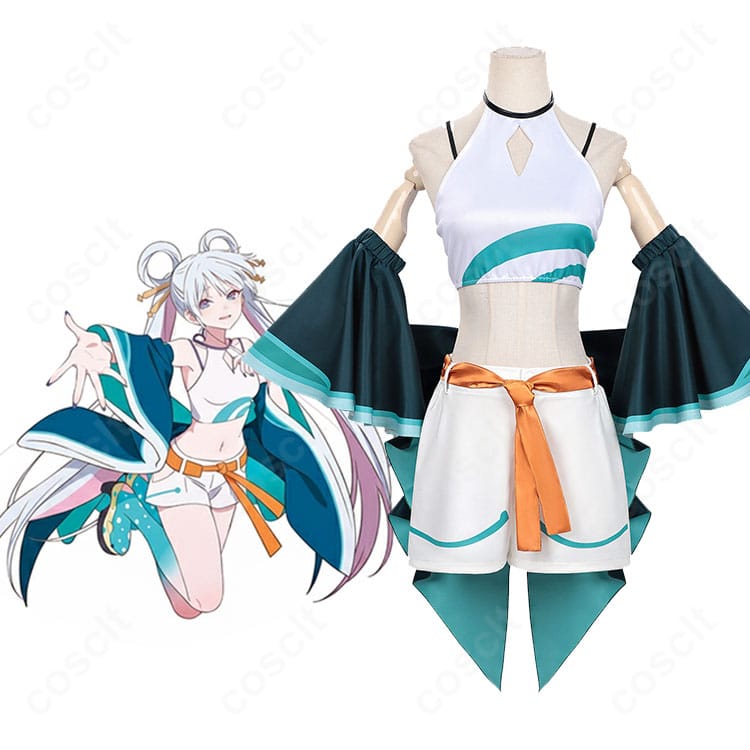 モデル着用の超かぐや姫 月見ヤチヨ風コスプレ衣装の全身イメージ。和風トップスとショートパンツ、背面リボンが映える。