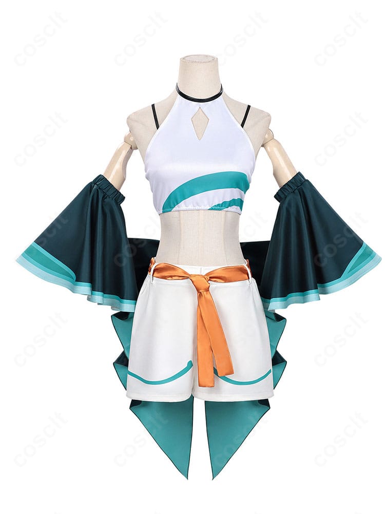 超かぐや姫 月見ヤチヨ風コスプレ衣装の正面全体。トップスと帯、袖のバランスが分かるフロントビュー。