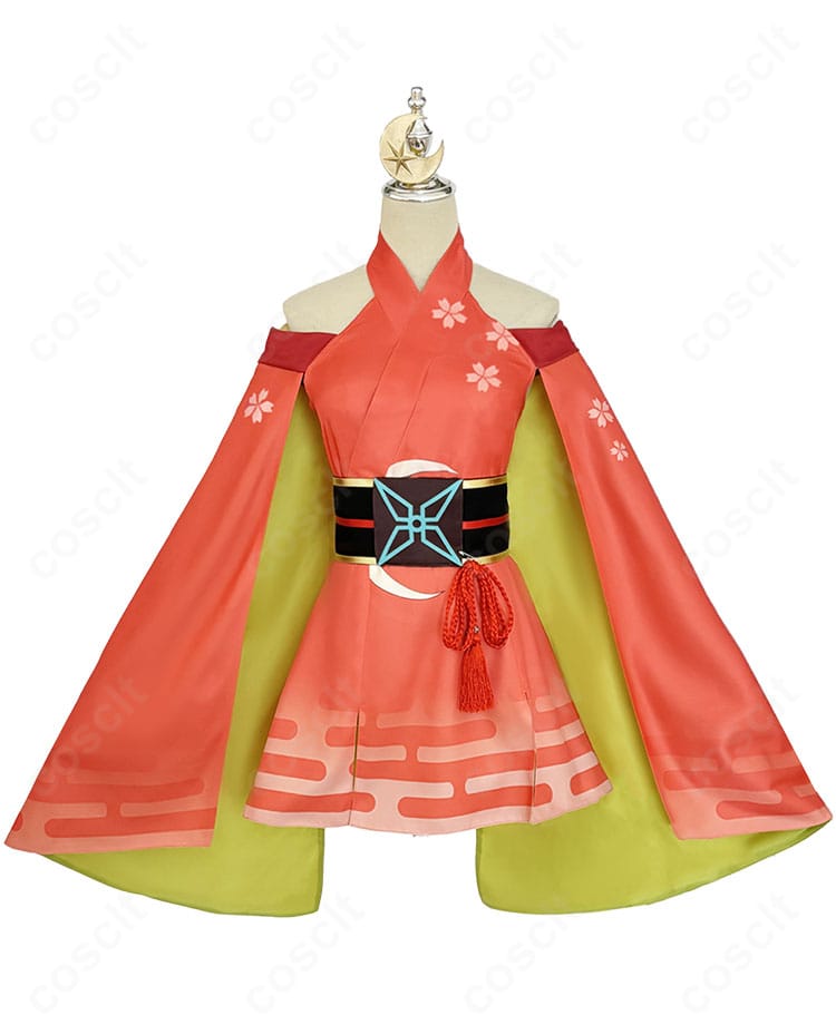 かぐや姫風コスプレ衣装の正面。ワンピースとコルセットベルトのバランスがわかるカット。