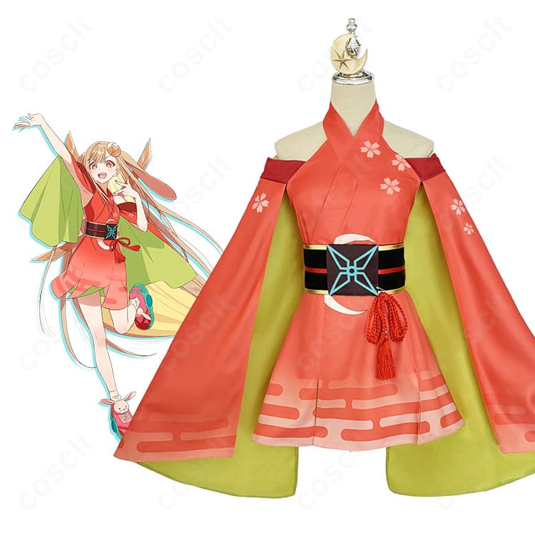 モデル着用のかぐや姫風コスプレ衣装ワンピースセット（全身）。シルエットとスタイリングのイメージ。