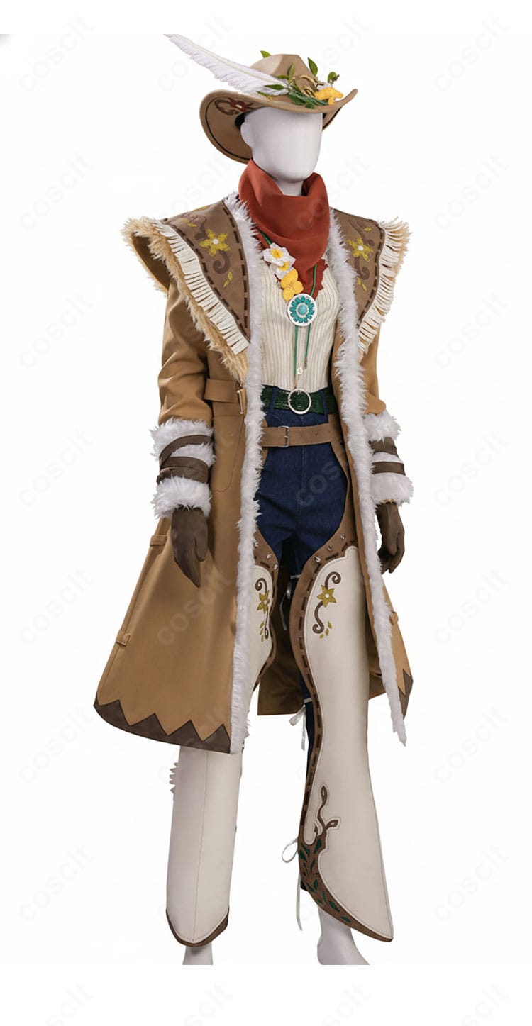 同衣装の右側面。コートのラインやレッグカバーのシルエットが確認できるアングル。