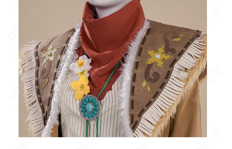 襟元とネックレスの装飾ディテール。シャツの開き具合とマフラーの重なりを表現。