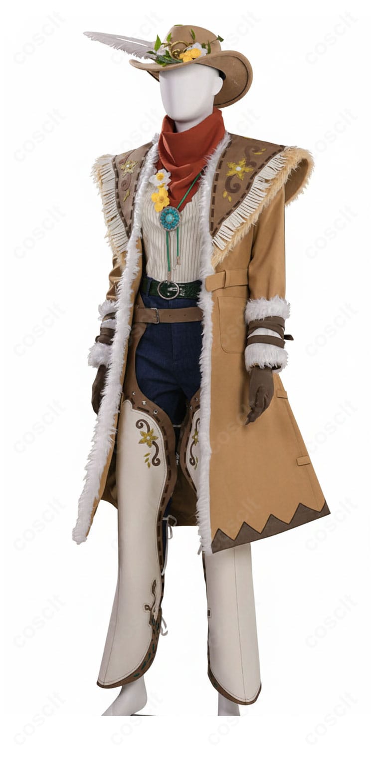 同衣装の左側面。マフラーやアームカバーの落ち感・長さを示すディテール。