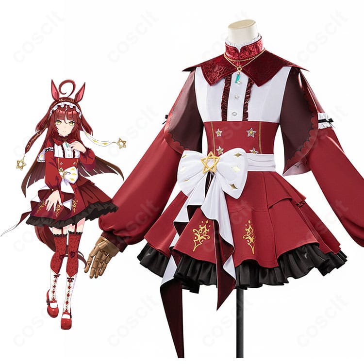 モデル着用のウマ娘 プリティーダービー レッドディザイア勝負服コスプレ衣装。ワンピースに付け襟・腰リボン・ネックレスを合わせた全身フロントのバランスが分かる画像。