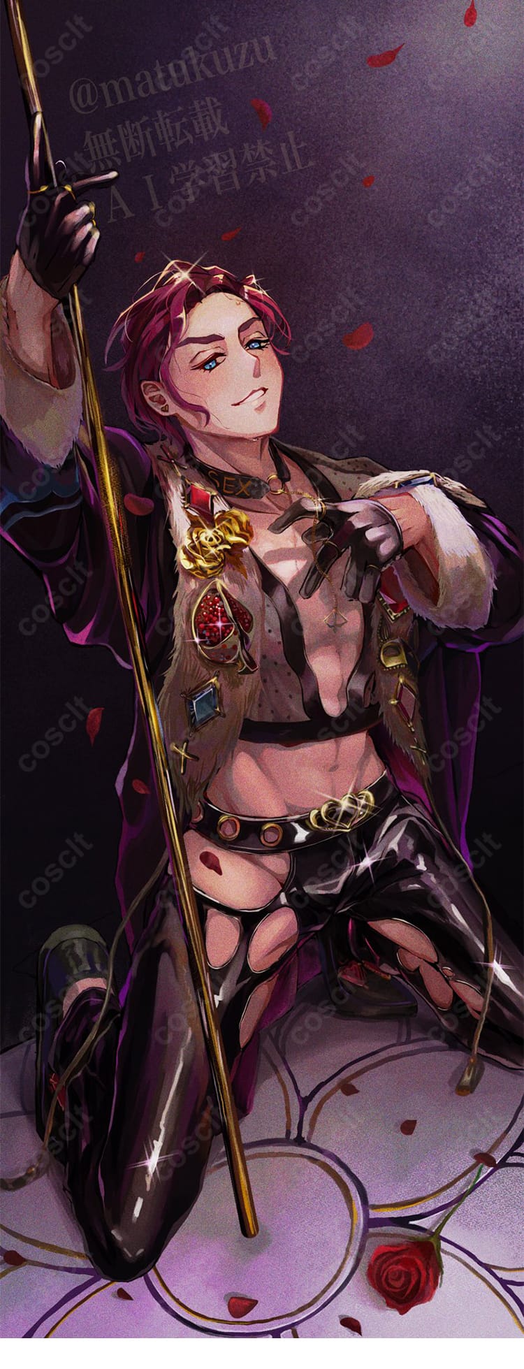 カリスマ 天堂天彦 VIVA LA LIBERATIONコスプレ一式の人物カット。ディテールまで作り込んだ装飾とステージ感を表現。