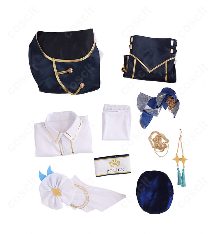 セット内容一式の平置き写真。コート、シャツ、ショートパンツ、腕章、胸飾り、帽子、靴下、腰飾り、太もも飾り。