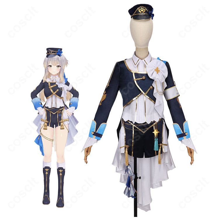 モデル着用のにじさんじ 栞葉るり 共通衣装コスプレ一式。コートと帽子、腕章が映える全身コーディネート。