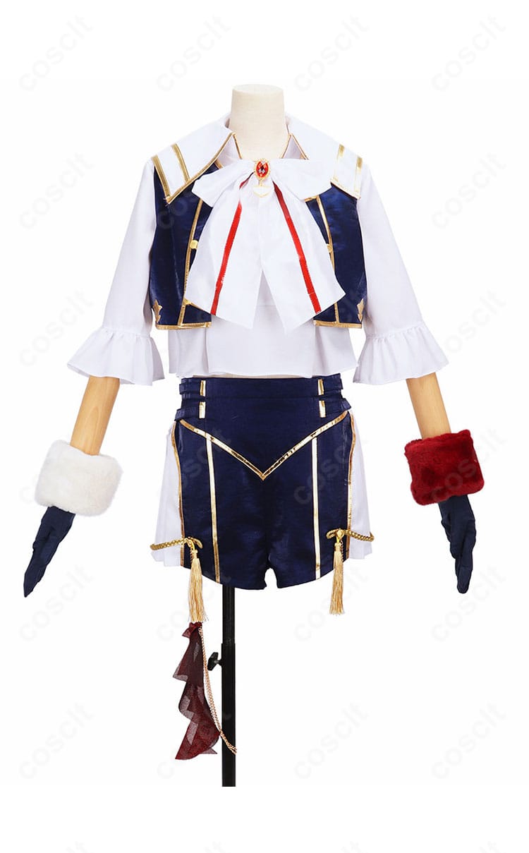 にじさんじ ドーラ 共通衣装 コスプレの正面。コート、シャツ、スカーフの配色と胸元ディテールが分かるフロントビュー