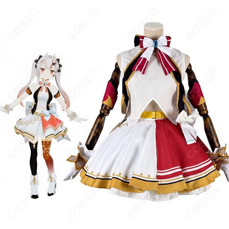 モデル着用の百鬼あやめ アイドル衣装(ホロライブ)。スカーフと大きな背中リボン、腕飾りまで揃えた基本セットの全身イメージ