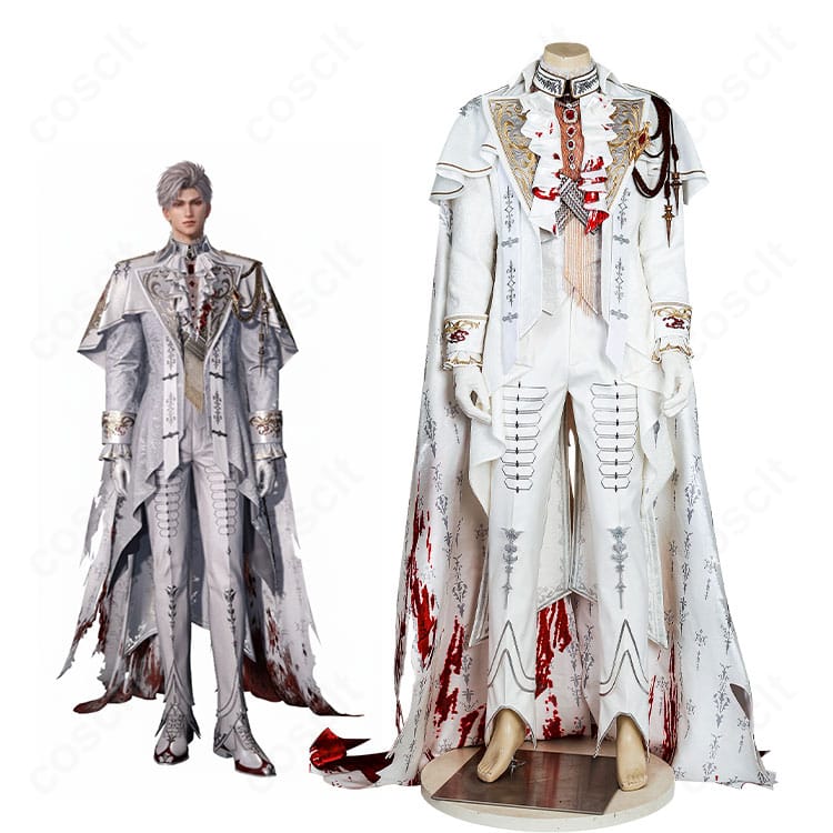 恋と深空 シン 銀翼の悪魔/野を裁く赤月 コスプレ一式を着用した全身イメージ。マントとコートの重厚シルエットが強調されたカット