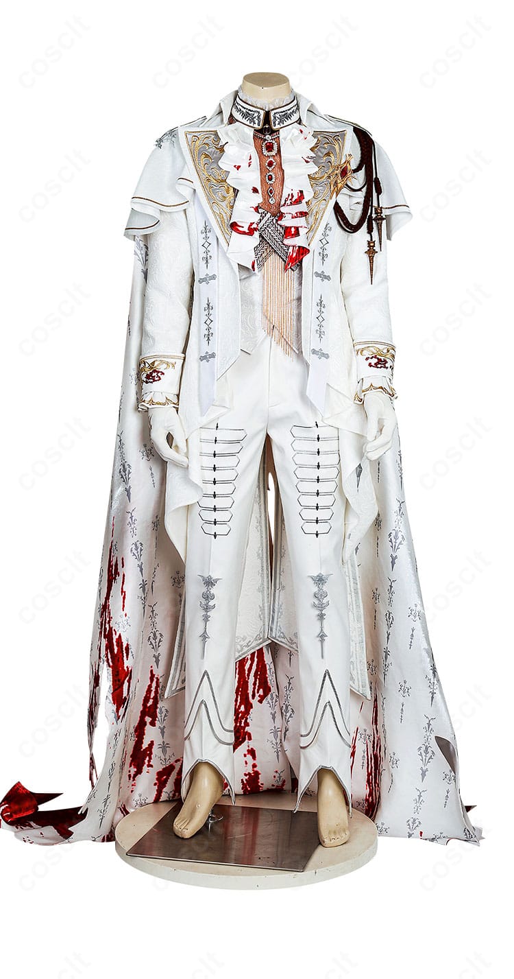 恋と深空 シン 銀翼の悪魔/野を裁く赤月 コスプレの正面全体写真。ロングコートとマントのレイヤー構成が分かる