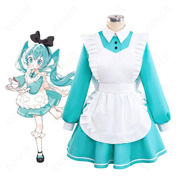 モデル着用の初音ミク 不思議の国ver. メイド衣装全身イメージ（カチューシャと背面リボン付き）