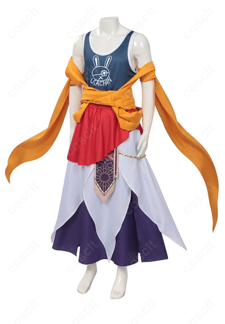 釈迦コスプレ衣装の側面。ショールの掛かり方とスカートのライン、輪郭の美しさがわかる写真