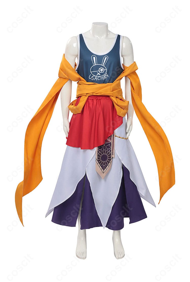 釈迦コスプレ衣装の正面全体。タンクトップとショール、落ち着いた配色のバランスが確認できる写真